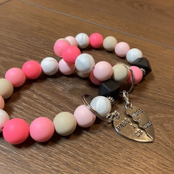 Handmade "Partners in Crime" Set of Pink/White Keychains Best Friend Gifts - Picture 4 of 6